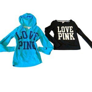 Bundle of 2 VS “LOVE PINK” Tops XS:  Blue Hoodie & Black Long Sleeve Tee #218H
